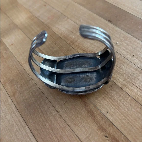 Vintage Sterling Silver Picture Jasper Large Stone Landscape Rope Cuff Bracelet - Picture 8 of 8